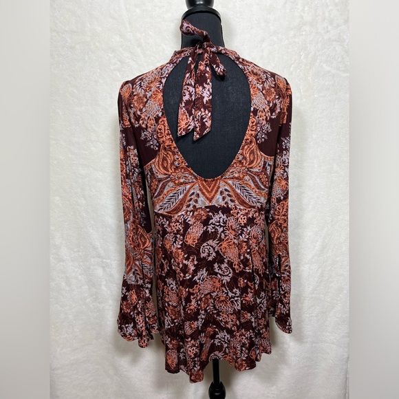 Free People BOHEMIAN Maroon Long Bell Sleeve Mini Dress Size XS - Picture 2 of 9